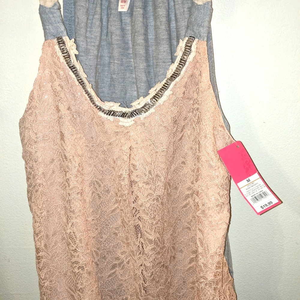 Xhilaration Pink Lace Layered Tank with Beaded Trim